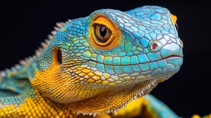 Obraz premium Close-up of a rare, exotic lizard with iridescent scales, sharp glowing eyes, and intricate markings on its skin, highly detailed.