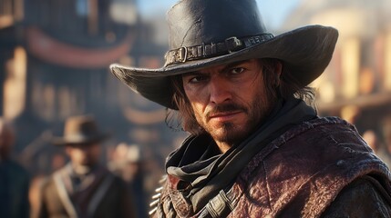 Obraz premium Generative AI picture Portrait of wild west retro movie western city town with cowboys and cowgirls and horses