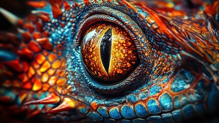 Fototapeta premium Striking animal with bright, glowing scales and sharp, radiant eyes, surrounded by bold, exotic patterns, close-up of intricate textures.