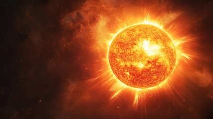 Obraz premium A detailed image of the Sun in space, with solar flares and plasma eruptions against a deep, dark background