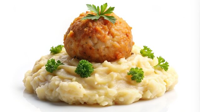 &bull; A solitary fish ball perches atop a soft, fluffy mound of mashed potatoes, set against a pristine white backdrop, highlighting its juicy texture