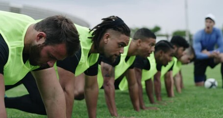 Sports, training and coach with men for push up, exercise and warm up for practice, match and game. Fitness, teamwork and trainer with soccer players workout for wellness, performance and cardio - Powered by Adobe