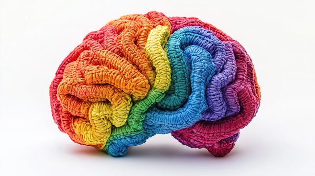 A crocheted model of the human brain in vibrant rainbow shades, representing creativity, diversity, and mental health awareness