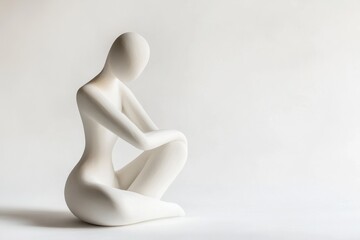 Embraced figure in calm pose, exuding self-acceptance and peace, stark white background, simple and powerful