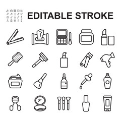 Obraz premium Collection of make up and beauty icons. Thin line style vector. Contains icons such as make-up tools, perfume, hair dryer and others.