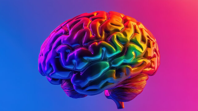 a human brain colored in vibrant rainbow hues, symbolizing creativity, diversity, and mental health