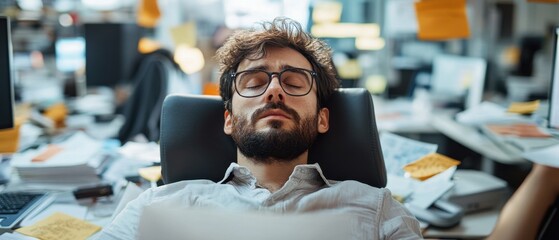 Sleep-deprived office worker slouched in their chair, surrounded by disorganized papers and office equipment, with heavy eyelids and a tired expression in a bright, modern office