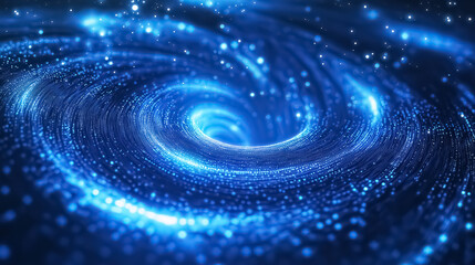 A glowing abstract blue background filled with flying circles made of bright dots and magical digital energy particles