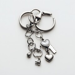 164. A shiny silver keychain with charms isolated on a simple white background