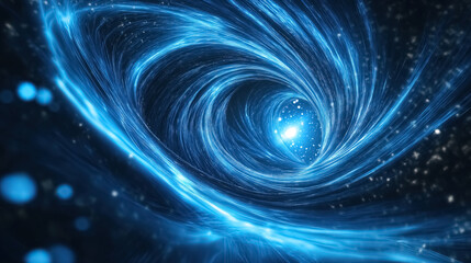 A glowing abstract blue background filled with flying circles made of bright dots and magical digital energy particles