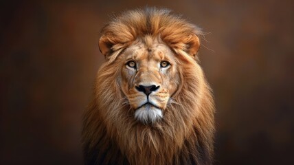 Fototapeta premium Close-up portrait of lion with luxurious mane and confident gaze.