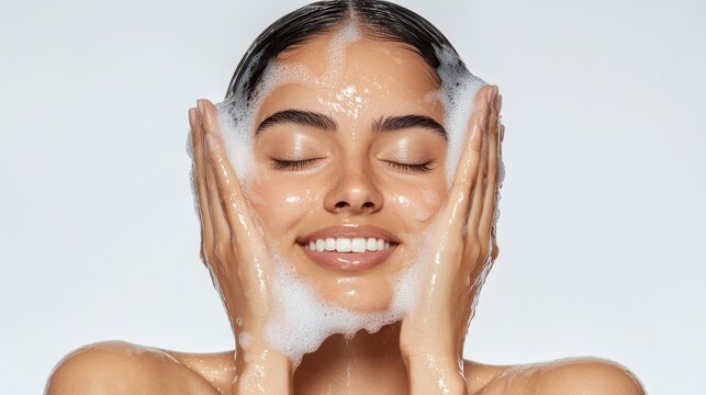 A beautiful woman with her eyes closed, smiling and washing her face in the morning with a white background. Her skin is glowing from facial care products.