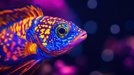 Exotic fish with glowing scales, radiant patterns, and intricate fins, close-up of bold, striking details with vivid colors.