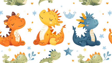 Cartoon cute kids sleeping Dragon seamless pattern childish background