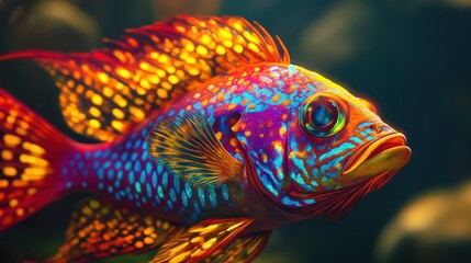 Fototapeta premium Exotic fish with glowing scales, radiant patterns, and intricate fins, close-up of bold, striking details with vivid colors.