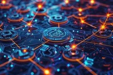 Bitcoin symbol in a digital network with glowing nodes and blockchain connections