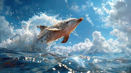 Dapper dolphin leaping through waterfall in tailored suit.