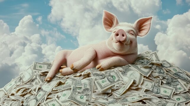 A joyful pig relaxes on a mountain of money, embodying the idea of abundance, wealth, and financial satisfaction.