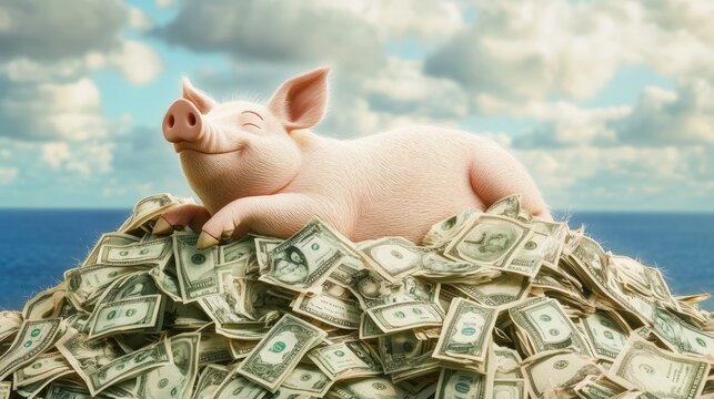 A joyful pig relaxes on a mountain of money, embodying the idea of abundance, wealth, and financial satisfaction.