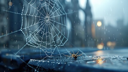 Dramatic spider spinning web on gothic cathedral.