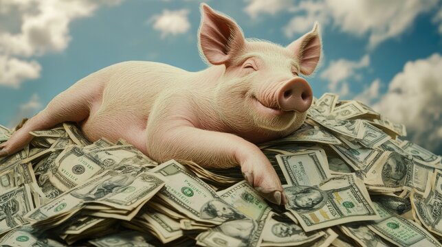 A joyful pig relaxes on a mountain of money, embodying the idea of abundance, wealth, and financial satisfaction.