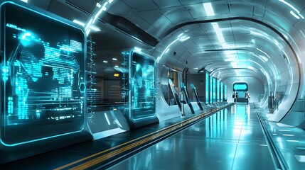 Fototapeta premium Futuristic Hyperloop Terminal with Automated Boarding Gates and Holographic Displays