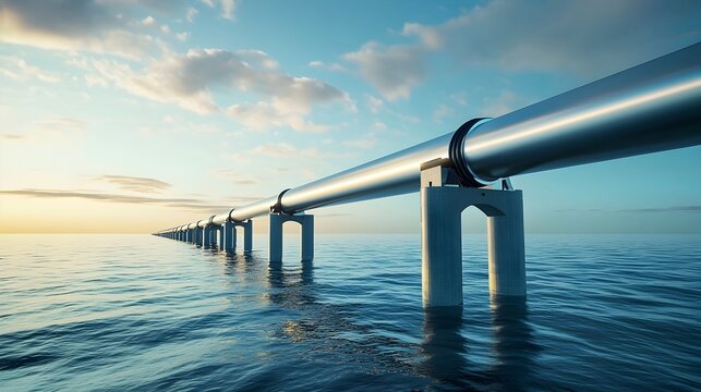 Seamless Hyperloop Tube Extending Over Body of Water,Futuristic Transportation Vision