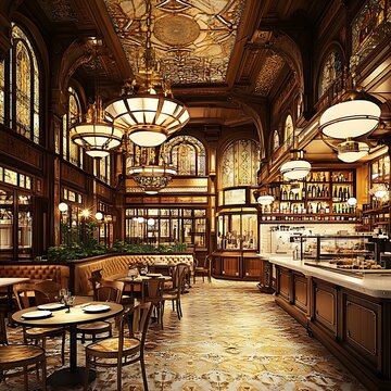 Elegant Parisian Cafe Interior with Stained Glass Windows and Warm Lighting.