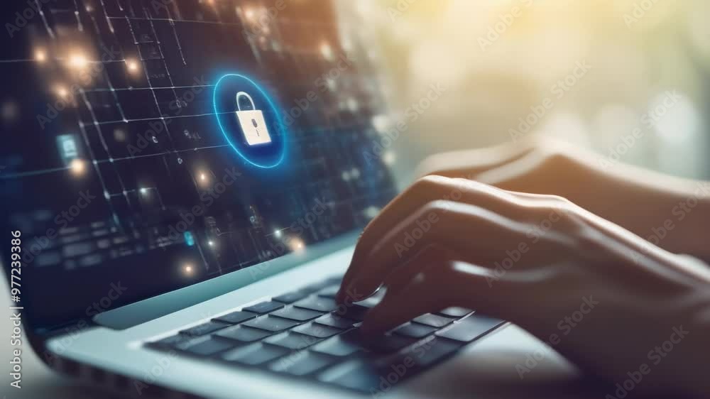 Aufkleber Laptop with a glowing security lock on screen, representing data protection in business analytics in a secure and professional setting.