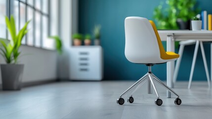 Fototapeta premium Modern Office Chair with Yellow Upholstery and Chrome Base on Wood Floor