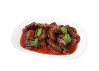 Tasty stew with okra, tomato sauce and basil isolated on white
