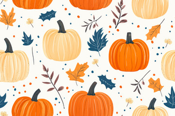 Cute doodle pumpkins harvest seamless pattern. Halloween, Autumn, or Thanksgiving day background.