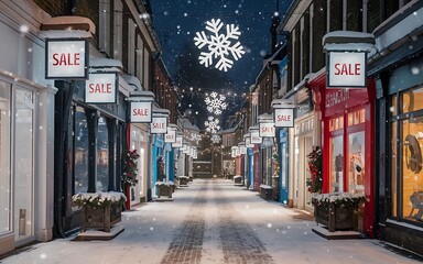 Generative-AI, Boxing Day Winter Wonderland Sale with Snowy Street and Brightly Lit Shops