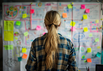 A woman in casual attire, standing at an office whiteboard with colorful post-it notes and complex flow charts, focusing on creating creative designs for marketing materials, her back to the camera 