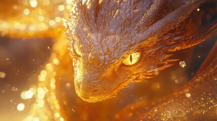 Fairy tale dragon with glowing crystal eyes, intricate golden scales, and soft wings, close-up of...