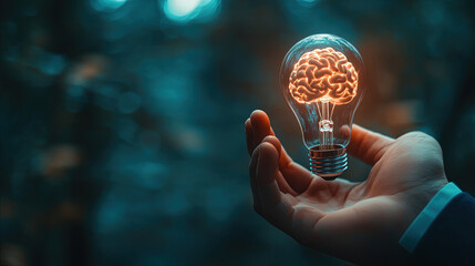 Businessman holding a light bulb with a glowing brain. Business innovation and tech. Symbolizing innovation idea. Brain smart. Innovative thinking and creative for business success. Future. Copy space