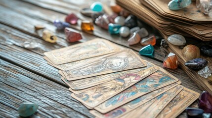 Tarot Cards and Crystals on Wooden Table