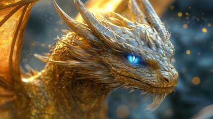 Fototapeta premium Fairy tale dragon with glowing crystal eyes, intricate golden scales, and soft wings, close-up of mythical textures with a magical aura.