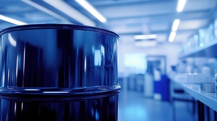 An image of a 55-gallon oil drum in a modern laboratory setting