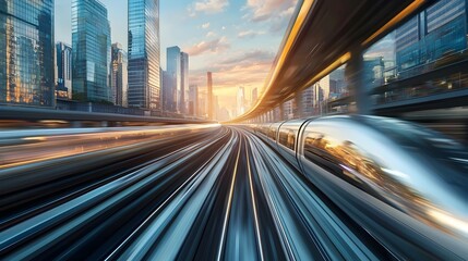 Fototapeta premium Hyperloop Pod Races Alongside Traditional Trains in an Urban Landscape,Showcasing the Contrast of