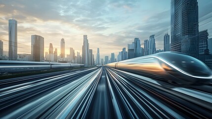 Obraz premium Futuristic Hyperloop Pod Races Alongside Traditional Trains in Urban Landscape