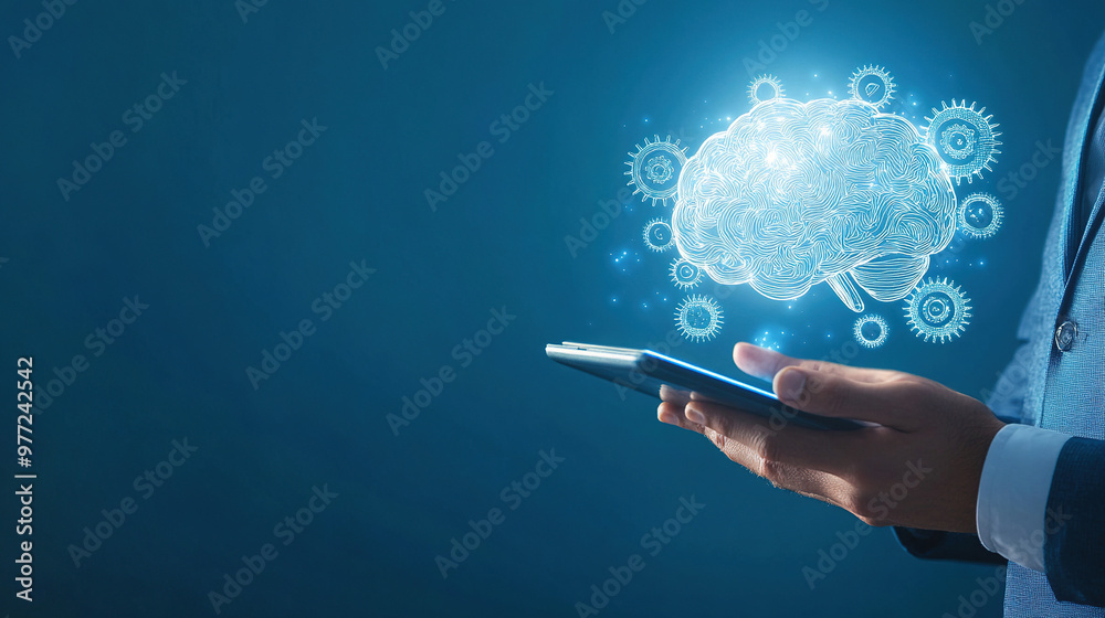 Poster technology and innovation concept. artificial intelligence and neural networks. hand holding a digit