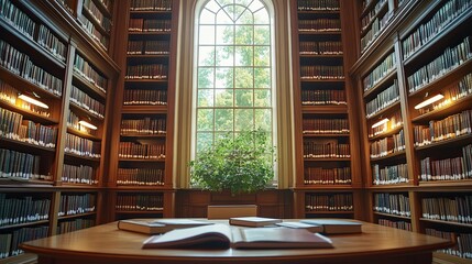 Bookshelves in a Library with a Window and Open Books on a Wooden Table