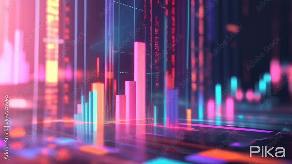 Poster Futuristic representation of a financial data analysis on multiple screens. High-tech trading and market trends visualization.