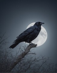 Fototapeta premium A mysterious raven perched on a bare branch under a full moon in a dark, cloudy sky. This eerie scene is perfect for Halloween-themed backgrounds, evoking feelings of mystery and suspense.