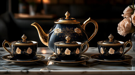 Elegant tea set featuring a black floral teapot and matching cups, perfect for sophisticated dining or tea parties.