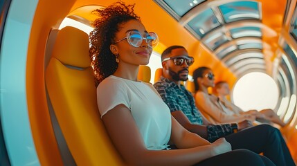 Obraz premium Diverse passengers inside a futuristic hyperloop pod showcasing modern global mobility innovation
