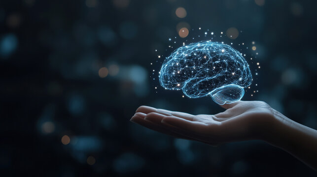 Technology and innovation concept. Artificial Intelligence and neural networks. Hand holding a digital brain with network connections. Futuristic digital brain. Smart Brain. Hologram brain