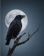 Fototapeta premium A mysterious raven perched on a bare branch under a full moon in a dark, cloudy sky. This eerie scene is perfect for Halloween-themed backgrounds, evoking feelings of mystery and suspense.