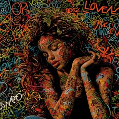 A Woman With Her Hands Together In Front Of A Wall With Graffiti, a high resolution AI illustration